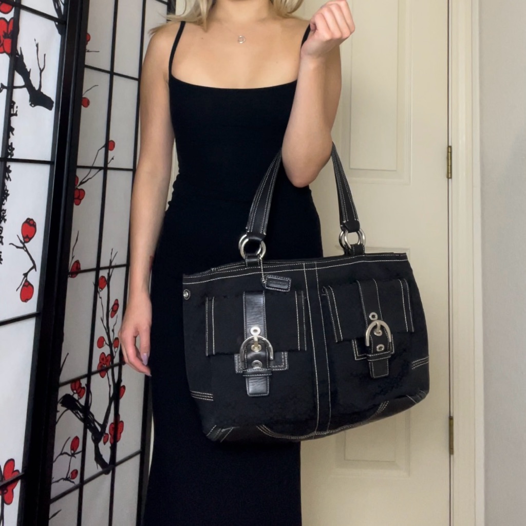 Vintage Y2k Black Coach Signature Soho Hamilton Carryall Tote Shoulder-Bag Purse